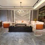 White Plush & Striped Fabric Sofa Set with Leather Panel Craftsmanship, Gold Stainless Steel Button Details & Curved Wooden Frames